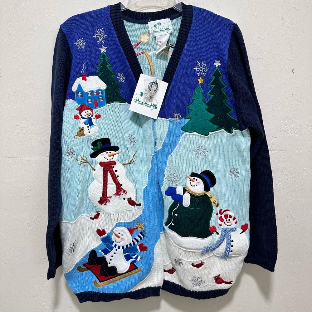 NWT QUACKER FACTORY Ugly Christmas Sweater Small Snowman beaded embroidered New​